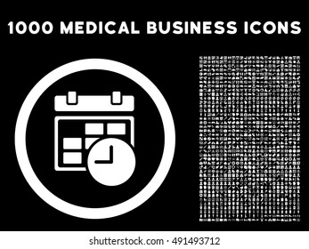 Date and Time icon with 1000 medical commerce white vector pictographs. Collection style is flat symbols, black background.