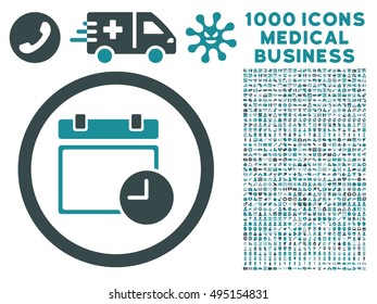 Date and Time icon with 1000 medical commercial soft blue vector pictograms. Collection style is flat bicolor symbols, white background.