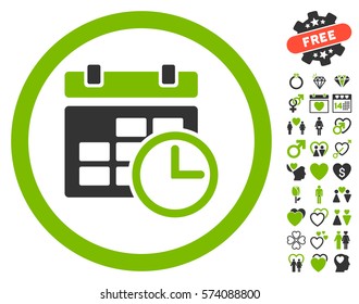 Date And Time icon with bonus amour symbols. Vector illustration style is flat rounded iconic eco green and gray symbols on white background.