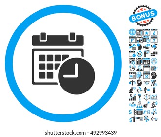 Date and Time icon with bonus calendar and time management images. Vector illustration style is flat iconic bicolor symbols, blue and gray colors, white background.