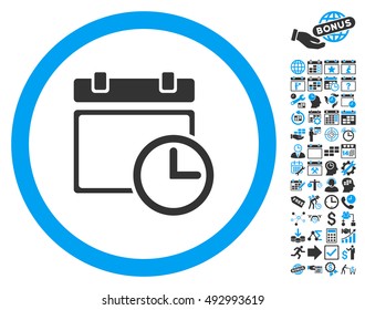 Date and Time icon with bonus calendar and time management graphic icons. Vector illustration style is flat iconic bicolor symbols, blue and gray colors, white background.
