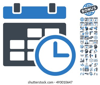 Date and Time icon with bonus calendar and time management pictogram. Vector illustration style is flat iconic bicolor symbols, smooth blue colors, white background.