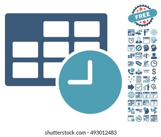Date and Time icon with bonus calendar and time management images. Vector illustration style is flat iconic bicolor symbols, cyan and blue colors, white background.