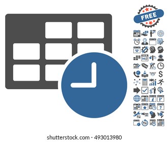 Date and Time icon with bonus calendar and time management images. Vector illustration style is flat iconic bicolor symbols, cobalt and gray colors, white background.