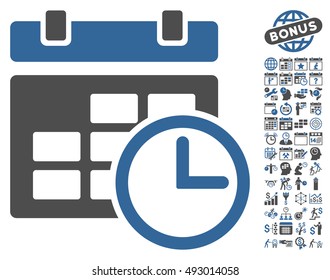 Date and Time icon with bonus calendar and time management pictograph collection. Vector illustration style is flat iconic bicolor symbols, cobalt and gray colors, white background.
