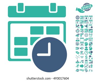 Date and Time icon with bonus calendar and time management pictures. Vector illustration style is flat iconic bicolor symbols, cobalt and cyan colors, white background.