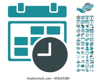 Date and Time icon with bonus calendar and time management pictures. Vector illustration style is flat iconic bicolor symbols, soft blue colors, white background.