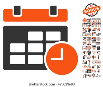 Date and Time icon with bonus calendar and time management images. Vector illustration style is flat iconic bicolor symbols, orange and gray colors, white background.