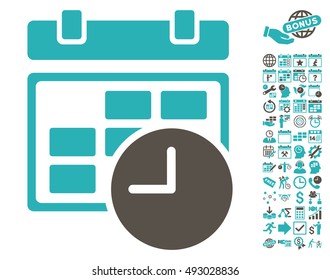Date and Time icon with bonus calendar and time management clip art. Vector illustration style is flat iconic bicolor symbols, grey and cyan colors, white background.