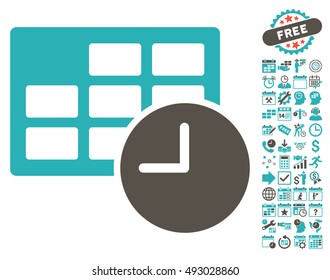 Date and Time icon with bonus calendar and time management pictogram. Vector illustration style is flat iconic bicolor symbols, grey and cyan colors, white background.