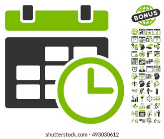 Date and Time icon with bonus calendar and time management pictograph collection. Vector illustration style is flat iconic bicolor symbols, eco green and gray colors, white background.
