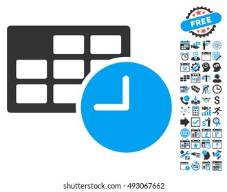 Date and Time icon with bonus calendar and time management images. Vector illustration style is flat iconic bicolor symbols, blue and gray colors, white background.