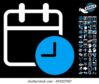 Date Time icon with bonus calendar and time management icon set. Vector illustration style is flat iconic bicolor symbols, blue and white colors, black background.