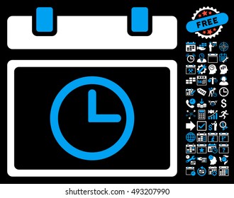 Date Time icon with bonus calendar and time management pictograph collection. Vector illustration style is flat iconic bicolor symbols, blue and white colors, black background.