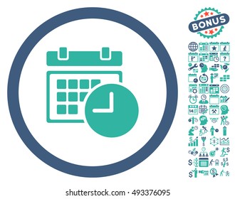 Date and Time icon with bonus calendar and time management pictograph collection. Vector illustration style is flat iconic bicolor symbols, cobalt and cyan colors, white background.