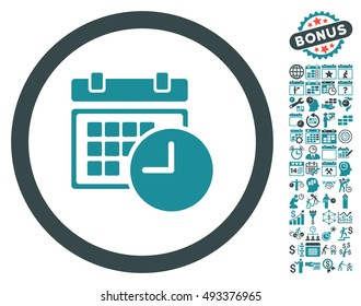 Date and Time icon with bonus calendar and time management symbols. Vector illustration style is flat iconic bicolor symbols, soft blue colors, white background.