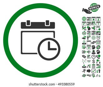 Date and Time icon with bonus calendar and time management symbols. Vector illustration style is flat iconic bicolor symbols, green and gray colors, white background.