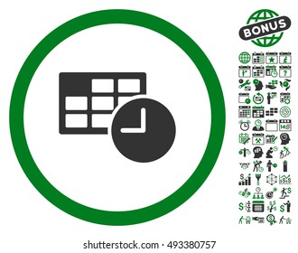 Date and Time icon with bonus calendar and time management pictures. Vector illustration style is flat iconic bicolor symbols, green and gray colors, white background.