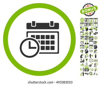 Date and Time icon with bonus calendar and time management pictograph collection. Vector illustration style is flat iconic bicolor symbols, eco green and gray colors, white background.