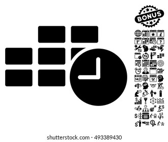 Date Time icon with bonus calendar and time management clip art. Vector illustration style is flat iconic symbols, black color, white background.