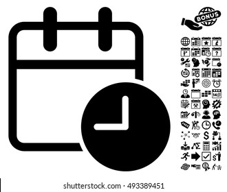 Date Time icon with bonus calendar and time management pictograph collection. Vector illustration style is flat iconic symbols, black color, white background.