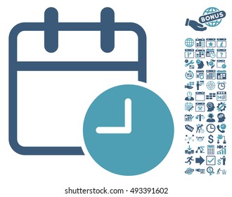 Date Time icon with bonus calendar and time management pictures. Vector illustration style is flat iconic bicolor symbols, cyan and blue colors, white background.