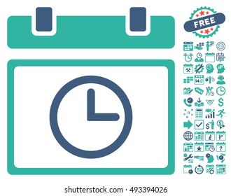 Date Time icon with bonus calendar and time management design elements. Vector illustration style is flat iconic bicolor symbols, cobalt and cyan colors, white background.