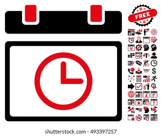Date Time icon with bonus calendar and time management clip art. Vector illustration style is flat iconic bicolor symbols, intensive red and black colors, white background.