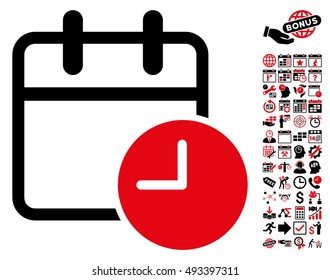 Date Time icon with bonus calendar and time management pictograph collection. Vector illustration style is flat iconic bicolor symbols, intensive red and black colors, white background.
