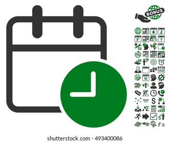 Date Time icon with bonus calendar and time management clip art. Vector illustration style is flat iconic bicolor symbols, green and gray colors, white background.