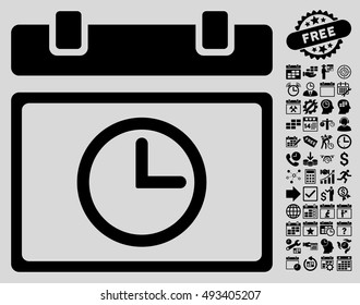Date Time icon with bonus calendar and time management pictogram. Vector illustration style is flat iconic symbols, black color, light gray background.