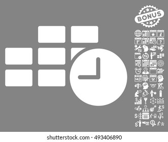 Date Time icon with bonus calendar and time management pictogram. Vector illustration style is flat iconic symbols, white color, gray background.