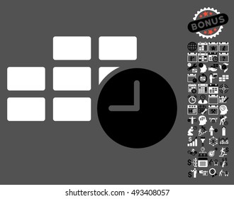 Date Time icon with bonus calendar and time management icon set. Vector illustration style is flat iconic bicolor symbols, black and white colors, gray background.