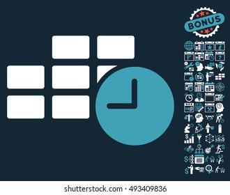Date Time icon with bonus calendar and time management icon set. Vector illustration style is flat iconic bicolor symbols, blue and white colors, dark blue background.