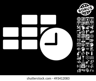 Date Time icon with bonus calendar and time management pictures. Vector illustration style is flat iconic symbols, white color, black background.