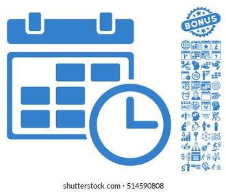 Date and Time icon with bonus calendar and time management symbols. Vector illustration style is flat iconic symbols, cobalt color, white background.