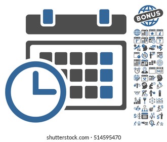 Date and Time icon with bonus calendar and time management design elements. Vector illustration style is flat iconic bicolor symbols, cobalt and gray colors, white background.