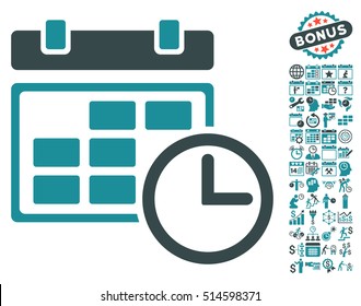 Date and Time icon with bonus calendar and time management graphic icons. Vector illustration style is flat iconic bicolor symbols, soft blue colors, white background.