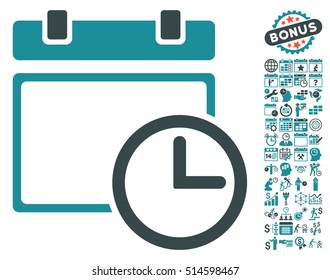 Date and Time icon with bonus calendar and time management design elements. Vector illustration style is flat iconic bicolor symbols, soft blue colors, white background.