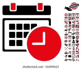 Date and Time icon with bonus calendar and time management pictograph collection. Vector illustration style is flat iconic bicolor symbols, intensive red and black colors, white background.