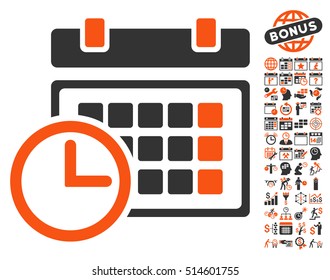 Date and Time icon with bonus calendar and time management images. Vector illustration style is flat iconic bicolor symbols, orange and gray colors, white background.