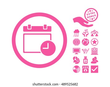 Date and Time icon with bonus clip art. Vector illustration style is flat iconic symbols, pink color, white background.