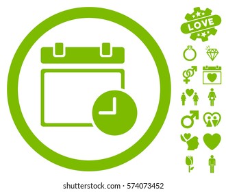 Date And Time icon with bonus dating pictograms. Vector illustration style is flat rounded iconic eco green symbols on white background.