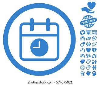 Date And Time icon with bonus decorative images. Vector illustration style is flat rounded iconic cobalt symbols on white background.