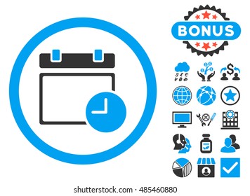 Date and Time icon with bonus design elements. Vector illustration style is flat iconic bicolor symbols, blue and gray colors, white background.