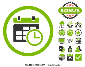 Date and Time icon with bonus design elements. Vector illustration style is flat iconic bicolor symbols, eco green and gray colors, white background.
