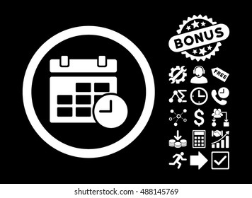 Date and Time icon with bonus design elements. Vector illustration style is flat iconic symbols, white color, black background.