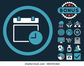 Date and Time icon with bonus elements. Vector illustration style is flat iconic bicolor symbols, blue and white colors, dark blue background.
