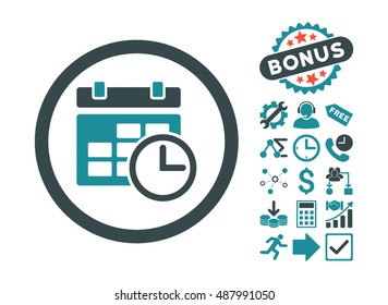 Date and Time icon with bonus elements. Vector illustration style is flat iconic bicolor symbols, soft blue colors, white background.