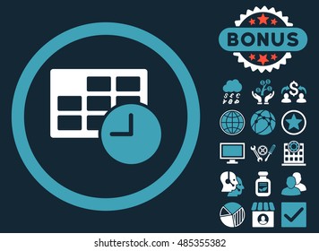 Date and Time icon with bonus images. Vector illustration style is flat iconic bicolor symbols, blue and white colors, dark blue background.